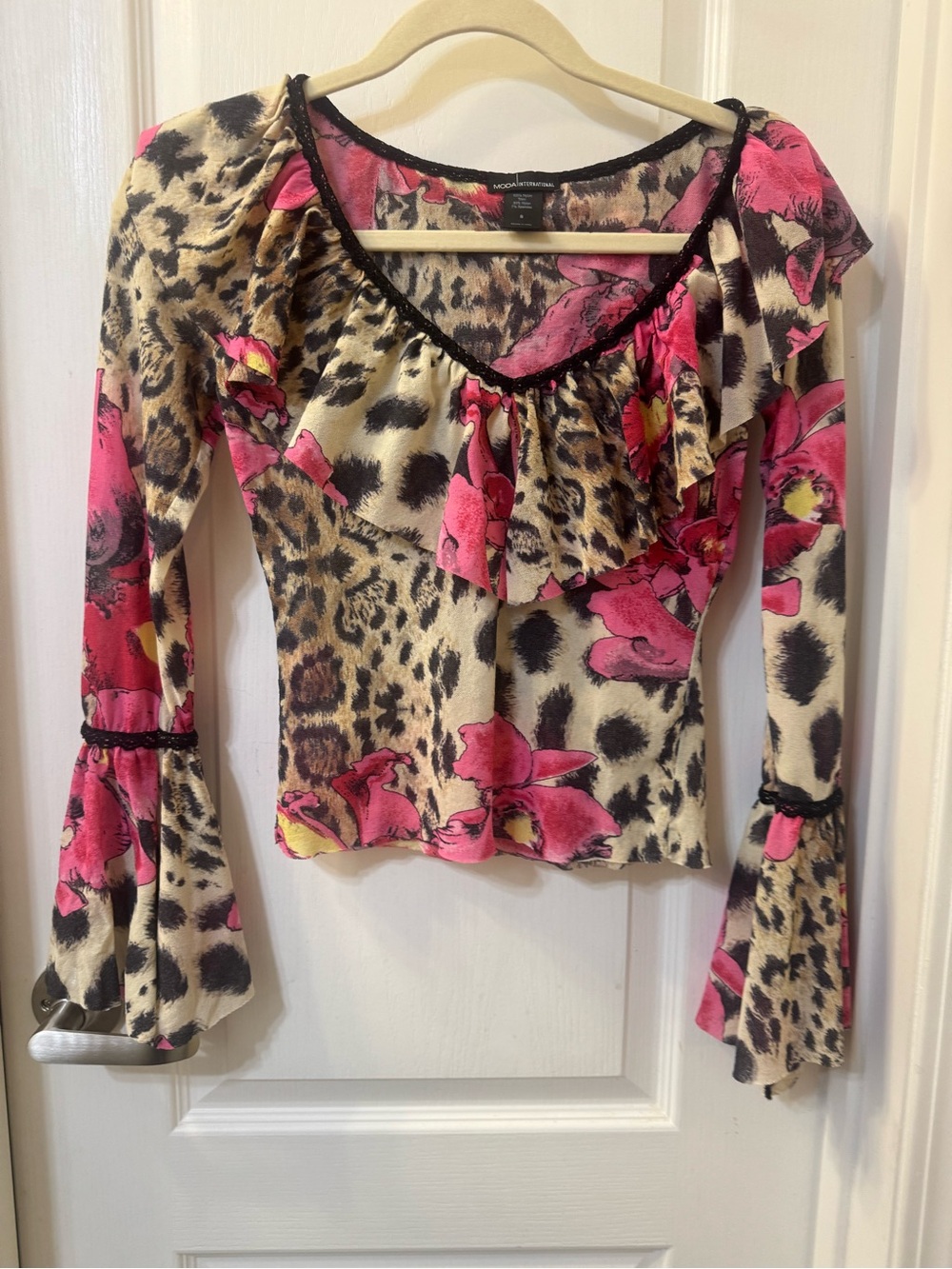 Y2K Women’s Pink Floral & Leopard Print Ruffle Long-Sleeve Top